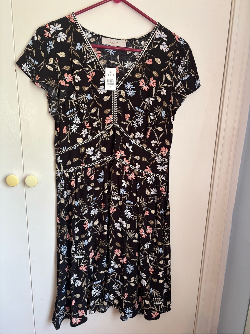 LOFT Black Floral V-Neck Short Sleeve Dress with Pink & Blue Accents